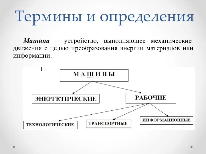 Термины и определения Машина – устройство, выполняющее механические движения с целью преобразования энергии материалов или информации.