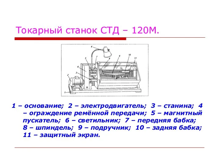 Токарный станок СТД – 120М. 1 – основание; 2 – электродвигатель;