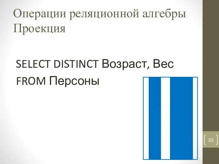 Операции реляционной алгебры Проекция SELECT DISTINCT Возраст, Вес FROM Персоны