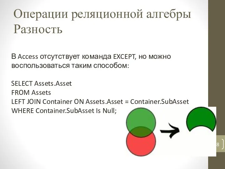 Операции реляционной алгебры Разность В Access отсутствует команда EXCEPT, но можно