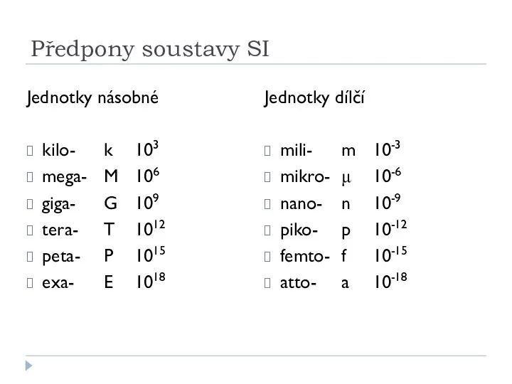 Předpony soustavy SI Jednotky násobné kilo- k 103 mega- M 106