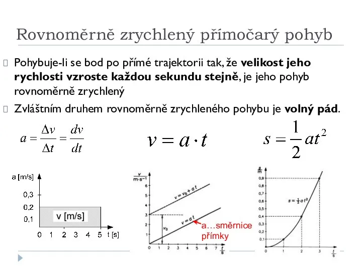 Rovnoměrně zrychlený přímočarý pohyb Pohybuje-li se bod po přímé trajektorii tak,