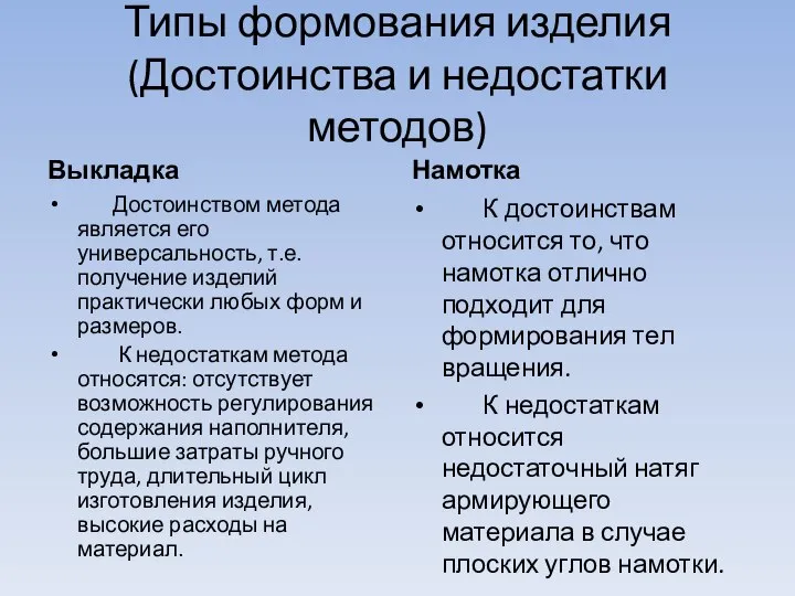 Типы формования изделия (Достоинства и недостатки методов) Выкладка Достоинством метода является