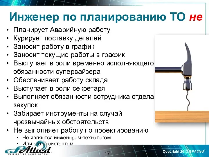 Планирует Аварийную работу Курирует поставку деталей Заносит работу в график Заносит