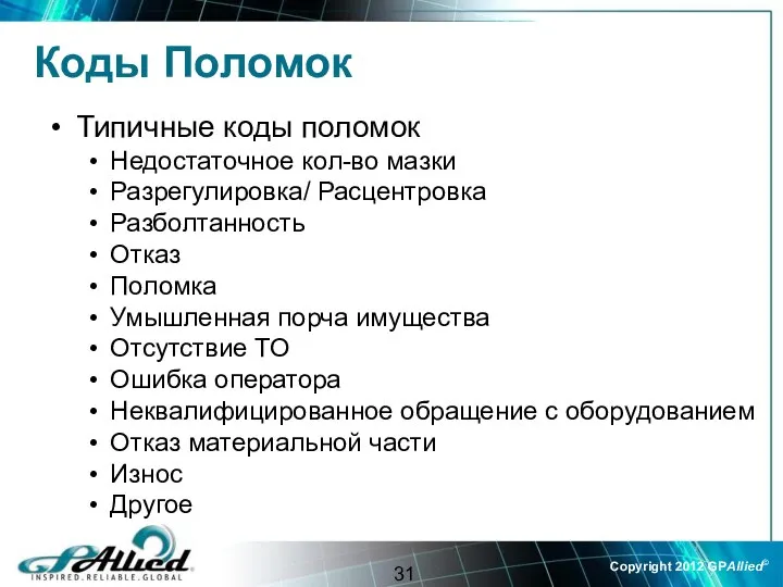 Коды Поломок Типичные коды поломок Недостаточное кол-во мазки Разрегулировка/ Расцентровка Разболтанность