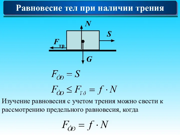 Равновесие тел при наличии трения Изучение равновесия с учетом трения можно