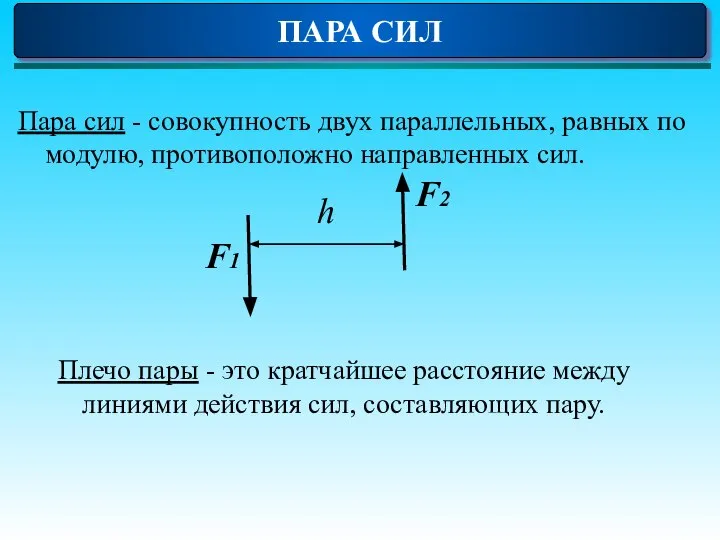 Пара сил - совокупность двух параллельных, равных по модулю, противоположно направленных