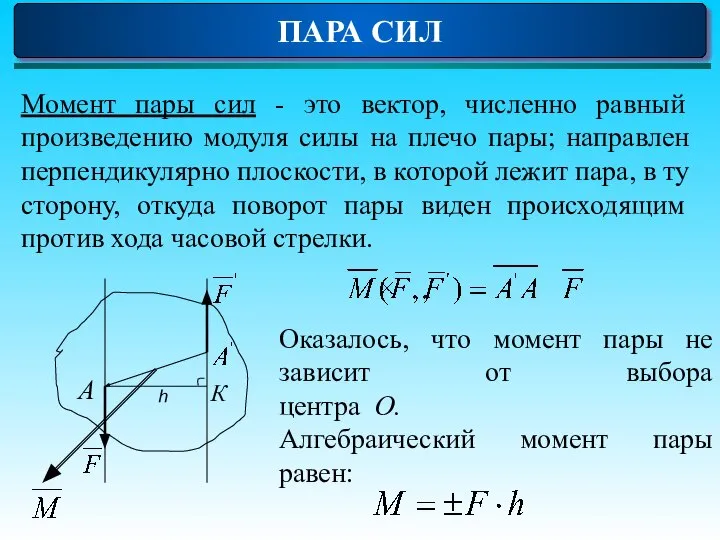 ПАРА СИЛ Момент пары сил - это вектор, численно равный произведению