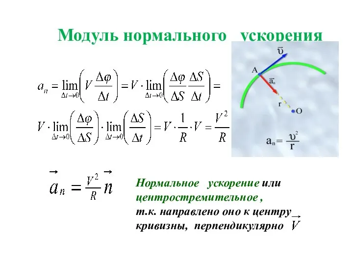 Модуль нормального ускорения Нормальное ускорение или центростремительное , т.к. направлено оно к центру кривизны, перпендикулярно