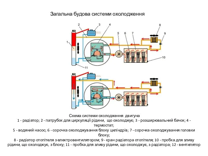 Схема системи охолодження двигуна 1 - радіатор; 2 - патрубок для