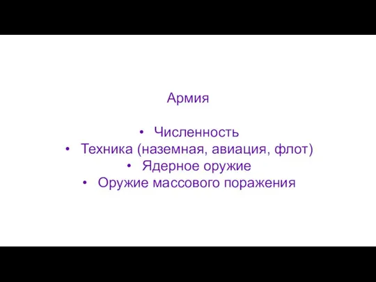 Армия Численность Техника (наземная, авиация, флот) Ядерное оружие Оружие массового поражения