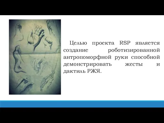 Целью проекта RSP является создание роботизированной антропоморфной руки способной демонстрировать жесты и дактиль РЖЯ.