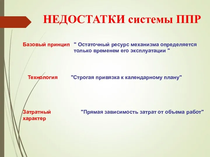 НЕДОСТАТКИ системы ППР Базовый принцип " Остаточный ресурс механизма определяется только