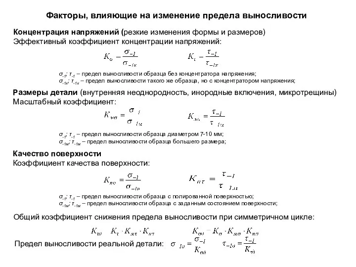 Факторы, влияющие на изменение предела выносливости Концентрация напряжений (резкие изменения формы