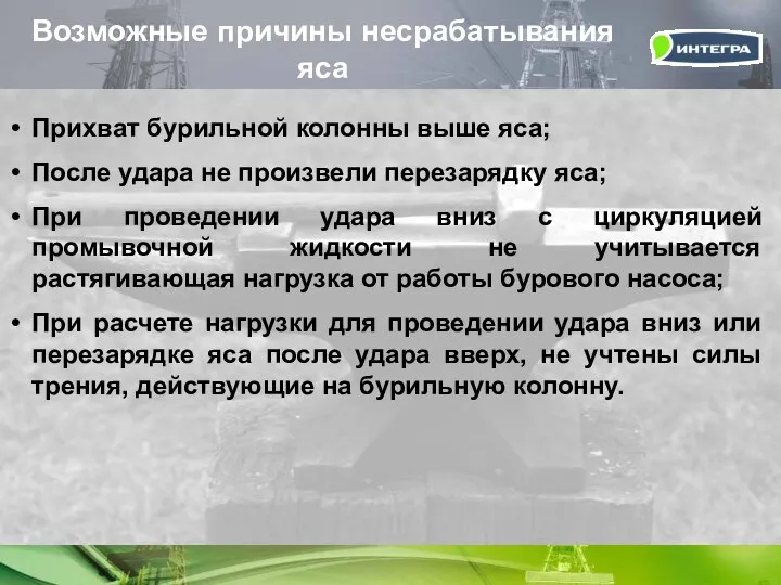 Возможные причины несрабатывания яса Прихват бурильной колонны выше яса; После удара