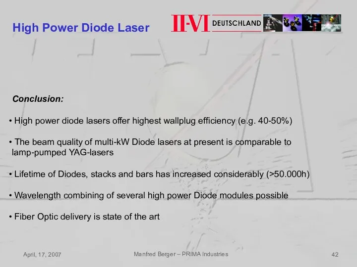 April, 17, 2007 Manfred Berger – PRIMA Industries High Power Diode