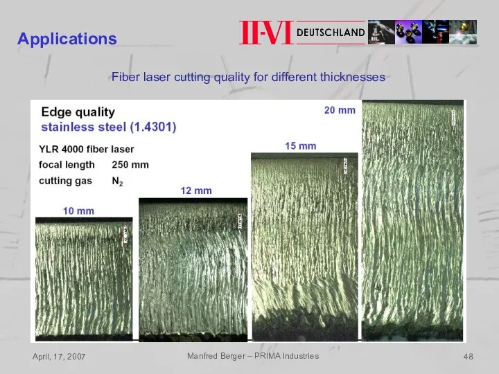 April, 17, 2007 Manfred Berger – PRIMA Industries Applications Fiber laser cutting quality for different thicknesses