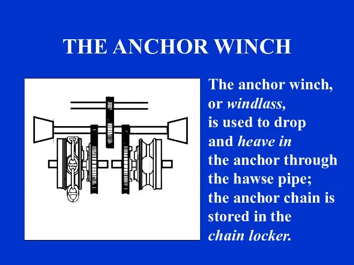 THE ANCHOR WINCH The anchor winch, or windlass, is used to