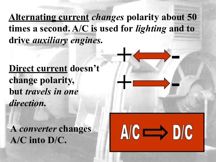 Alternating current changes polarity about 50 times a second. A/C is