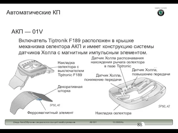 Включатель Tiptronik F189 расположен в крышке механизма селектора АКП и имеет