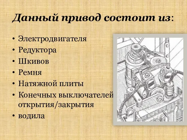 Данный привод состоит из: Электродвигателя Редуктора Шкивов Ремня Натяжной плиты Конечных выключателей открытия/закрытия водила