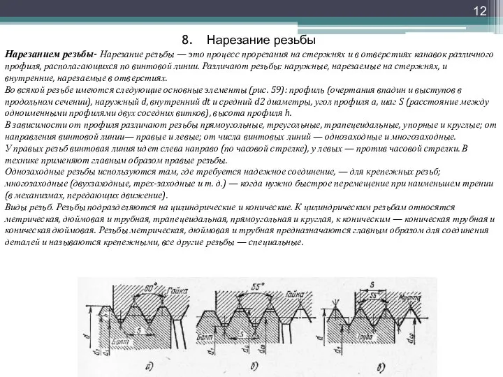 Нарезание резьбы Нарезанием резьбы- Нарезание резьбы — это процесс прорезания на