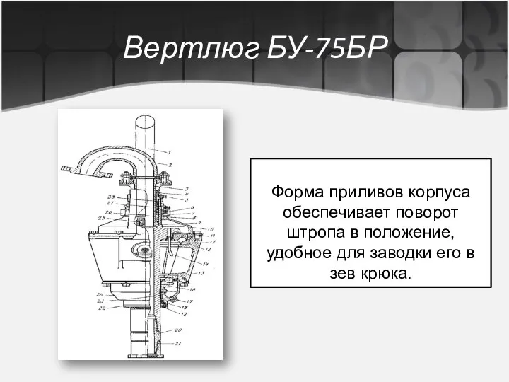 Вертлюг БУ-75БР Форма приливов корпуса обеспечивает поворот штропа в положение, удобное