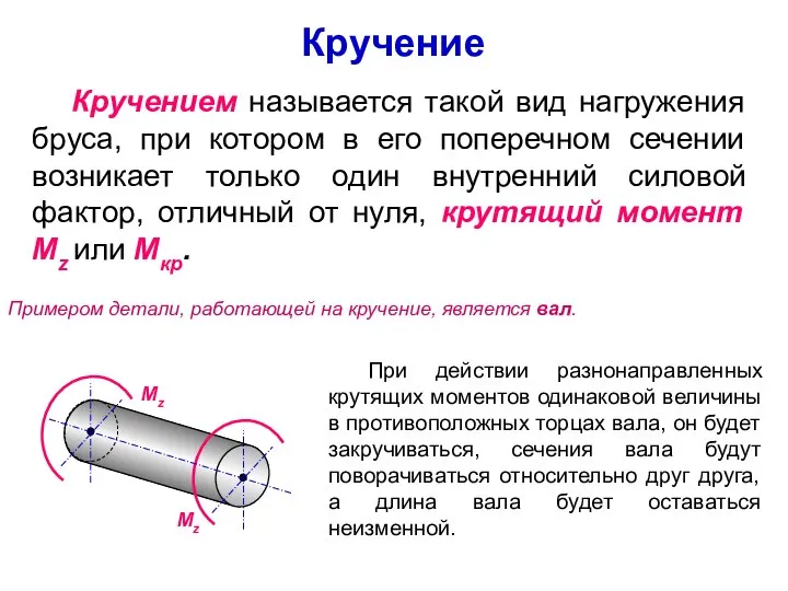 Кручение Кручением называется такой вид нагружения бруса, при котором в его