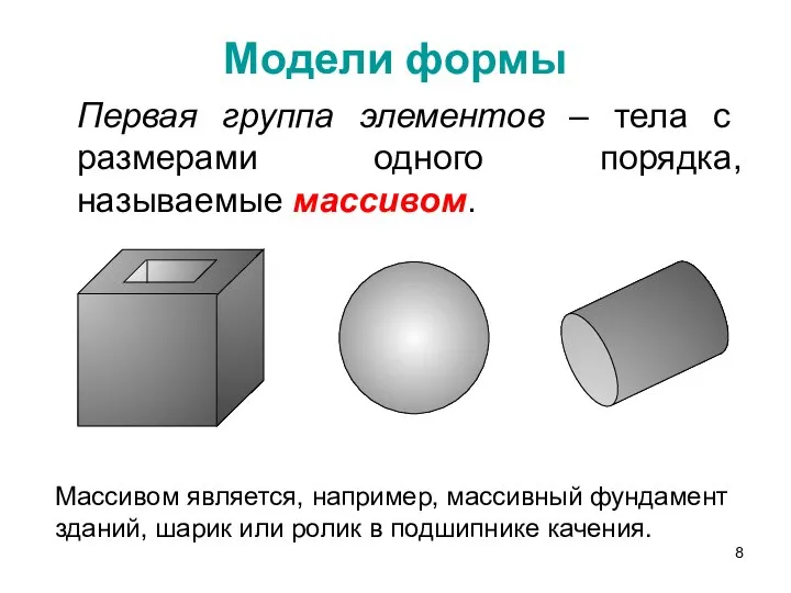 Модели формы Первая группа элементов – тела с размерами одного порядка,