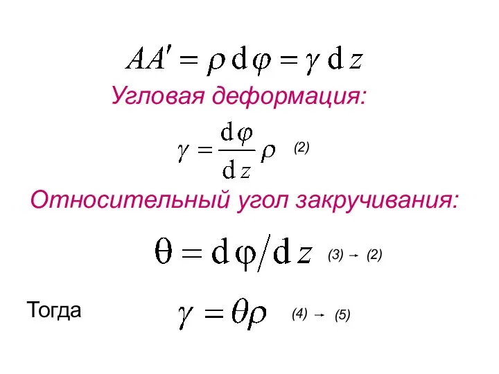 Угловая деформация: Относительный угол закручивания: Тогда (2) (3) (4) (2) (5)