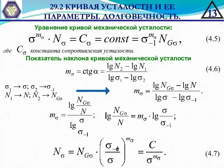 29.2 КРИВАЯ УСТАЛОСТИ И ЕЕ ПАРАМЕТРЫ. ДОЛГОВЕЧНОСТЬ. Уравнение кривой механической усталости: