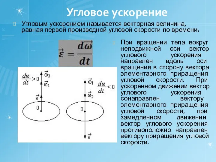 Угловое ускорение Угловым ускорением называется векторная величина, равная первой производной угловой