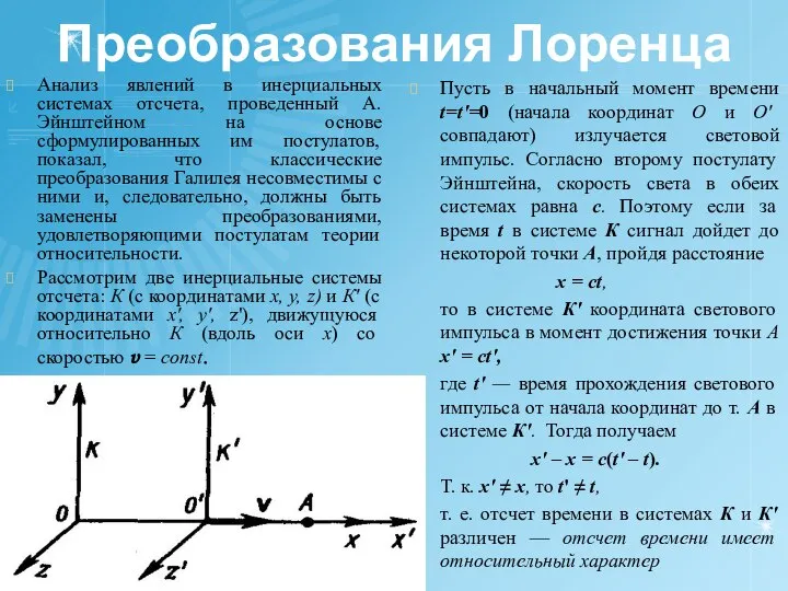 Преобразования Лоренца Анализ явлений в инерциальных системах отсчета, проведенный А. Эйнштейном