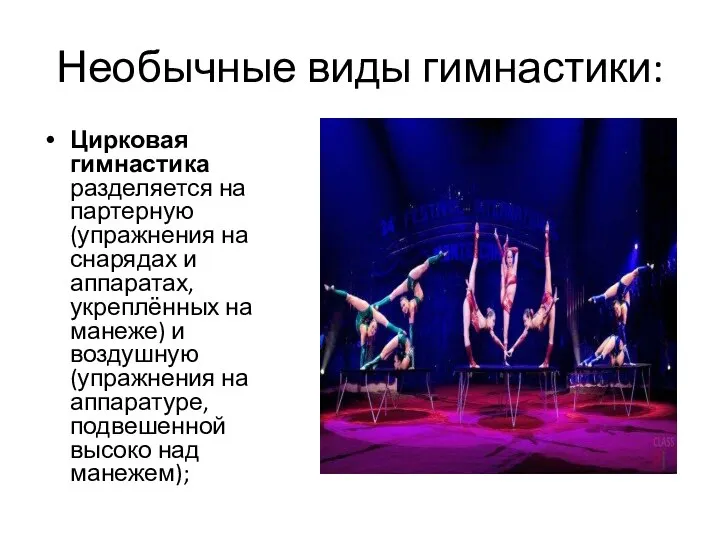 Необычные виды гимнастики: Цирковая гимнастика разделяется на партерную (упражнения на снарядах