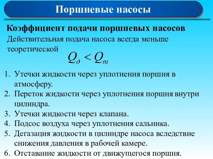 Поршневые насосы Коэффициент подачи поршневых насосов Действительная подача насоса всегда меньше