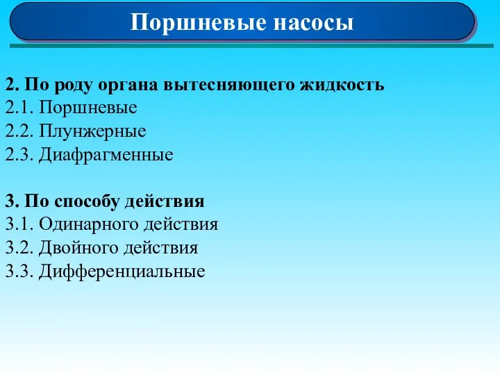 Поршневые насосы 2. По роду органа вытесняющего жидкость 2.1. Поршневые 2.2.