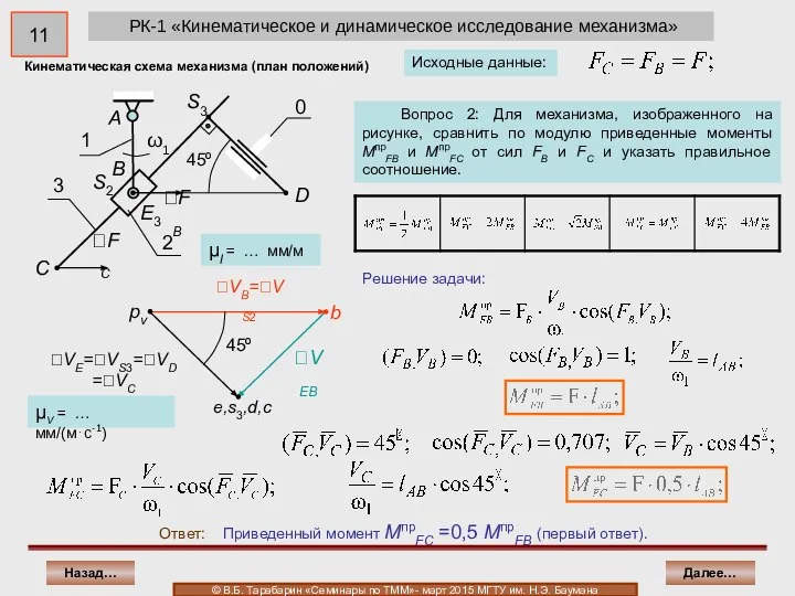 РК-1 «Кинематическое и динамическое исследование механизма» Ответ: Приведенный момент MпрFC =0,5