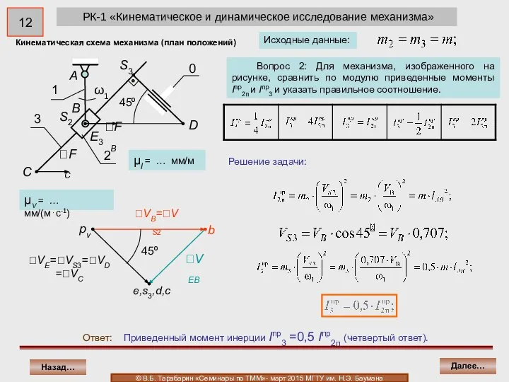 РК-1 «Кинематическое и динамическое исследование механизма» Ответ: Приведенный момент инерции Iпр3