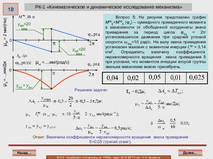 РК-1 «Кинематическое и динамическое исследование механизма» Решение задачи: Далее… Назад… ©