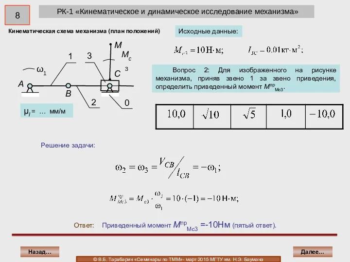 РК-1 «Кинематическое и динамическое исследование механизма» Ответ: Приведенный момент MпрMc3 =-10Нּм