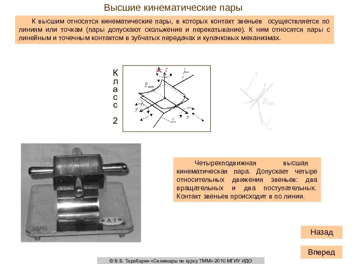 Высшие кинематические пары К высшим относятся кинематические пары, в которых контакт