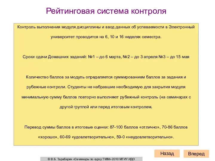 Рейтинговая система контроля Вперед Назад © В.Б. Тарабарин «Семинары по курсу