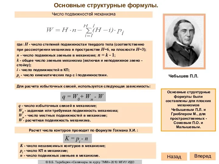 Основные структурные формулы. q - число избыточных связей в механизме; W0