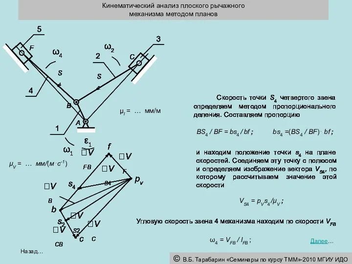 Кинематический анализ плоского рычажного механизма методом планов Назад… Далее… VS2 Скорость