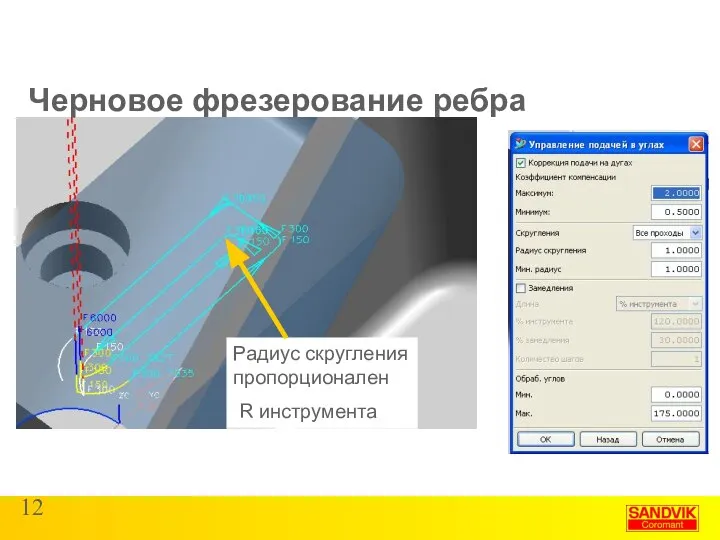 Черновое фрезерование ребра Радиус скругления пропорционален R инструмента