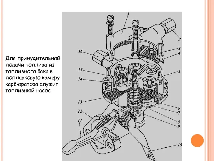Для принудительной подачи топлива из топливного бака в поплавковую камеру карбюратора служит топливный насос