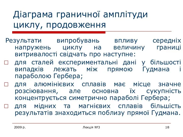 2009 р. Лекція №3 Діаграма граничної амплітуди циклу, продовження Результати випробувань