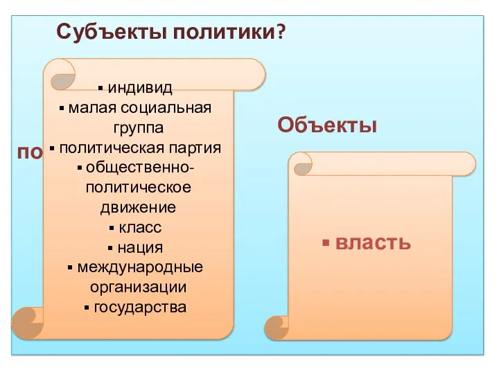 Субъекты политики? Объекты политики? индивид малая социальная группа политическая партия общественно-политическое