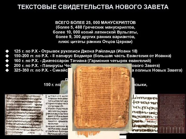 ТЕКСТОВЫЕ СВИДЕТЕЛЬСТВА НОВОГО ЗАВЕТА ВСЕГО БОЛЕЕ 25, 000 МАНУСКРИПТОВ (более 5,