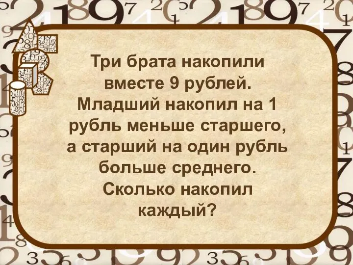 Три брата накопили вместе 9 рублей. Младший накопил на 1 рубль